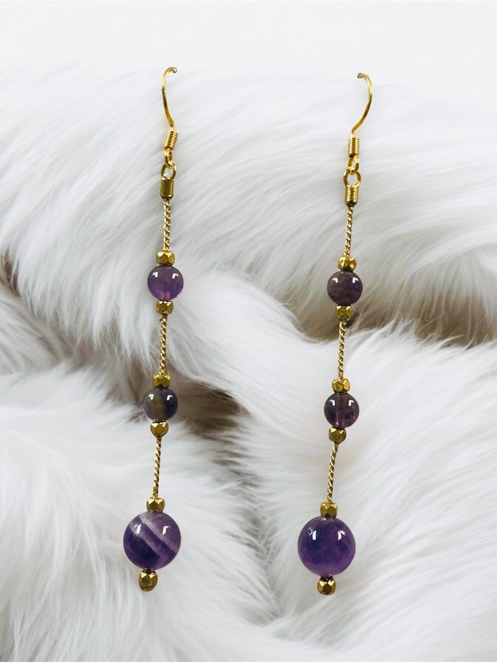 Gold Drop Amethyst Bead Dangle Earrings